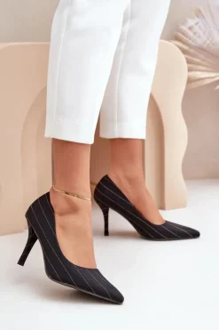 Materiałowe Szpilki Damskie W Paski Czarne Tifidra