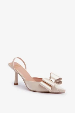 Materiałowe Szpilki Z Kokardą Złote Selatea