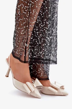 Materiałowe Szpilki Z Kokardą Złote Selatea