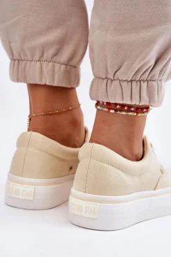 Materiałowe Tenisówki Na Platformie Big Star LL274144 Jasnożółte