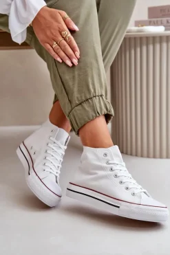 Materiałowe Trampki Damskie Za Kostkę Białe Onaria
