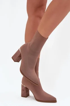 Materiałowe Wsuwane Botki Damskie Na Słupku Beżowe Virelle