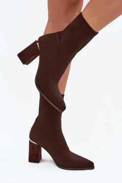 Materiałowe Wsuwane Botki Damskie Na Słupku Czekoladowe Virelle