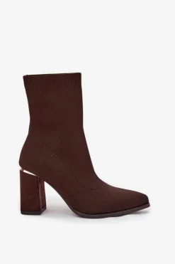 Materiałowe Wsuwane Botki Damskie Na Słupku Czekoladowe Virelle