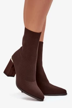 Materiałowe Wsuwane Botki Damskie Na Słupku Czekoladowe Virelle