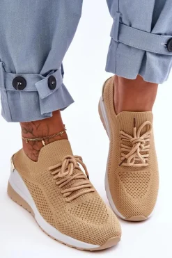 Materiałowe Wsuwane Buty Sportowe Na Koturnie Beżowe Visconti