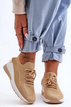 Materiałowe Wsuwane Buty Sportowe Na Koturnie Beżowe Visconti