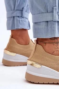 Materiałowe Wsuwane Buty Sportowe Na Koturnie Beżowe Visconti