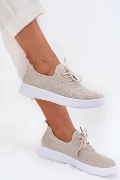 Materiałowe Wsuwane Buty Sportowe Na Platformie Damskie Beżowe Kalyra