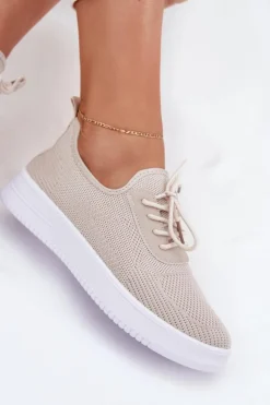 Materiałowe Wsuwane Buty Sportowe Na Platformie Damskie Beżowe Kalyra