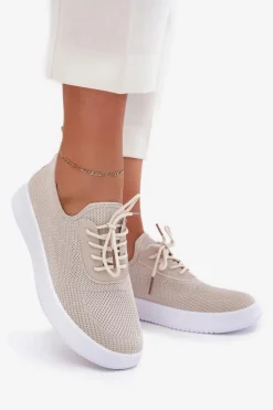 Materiałowe Wsuwane Buty Sportowe Na Platformie Damskie Beżowe Kalyra