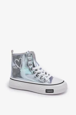 Metaliczne Wysokie Trampki Damskie Z Serduszkiem Niebieskie Sumehra