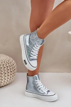 Metaliczne Wysokie Trampki Damskie Z Serduszkiem Niebieskie Sumehra