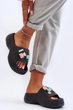 Miękkie Damskie Piankowe Klapki Z Ozdobami Czarne Lorie