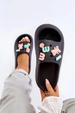 Miękkie Damskie Piankowe Klapki Z Ozdobami Czarne Lorie