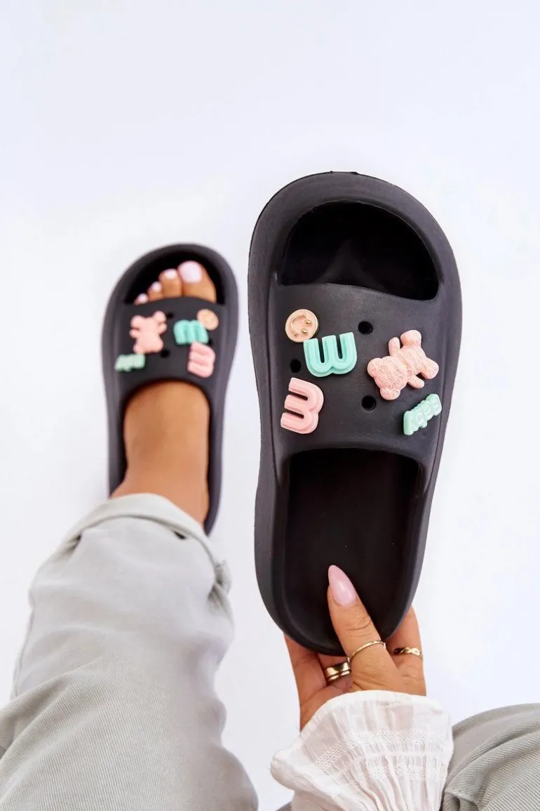 Miękkie Damskie Piankowe Klapki Z Ozdobami Czarne Lorie