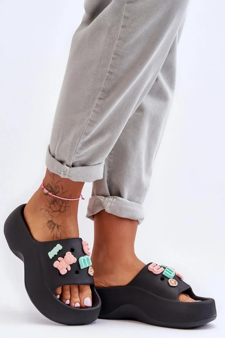 Miękkie Damskie Piankowe Klapki Z Ozdobami Czarne Lorie