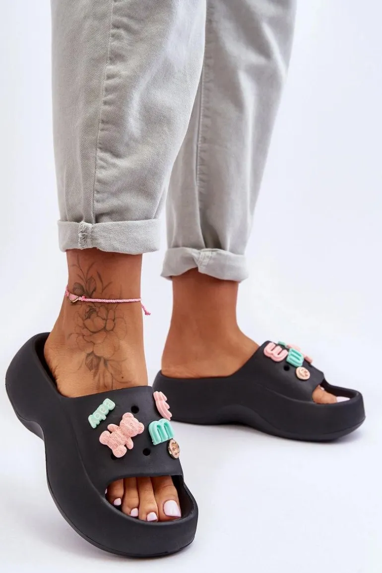 Miękkie Damskie Piankowe Klapki Z Ozdobami Czarne Lorie