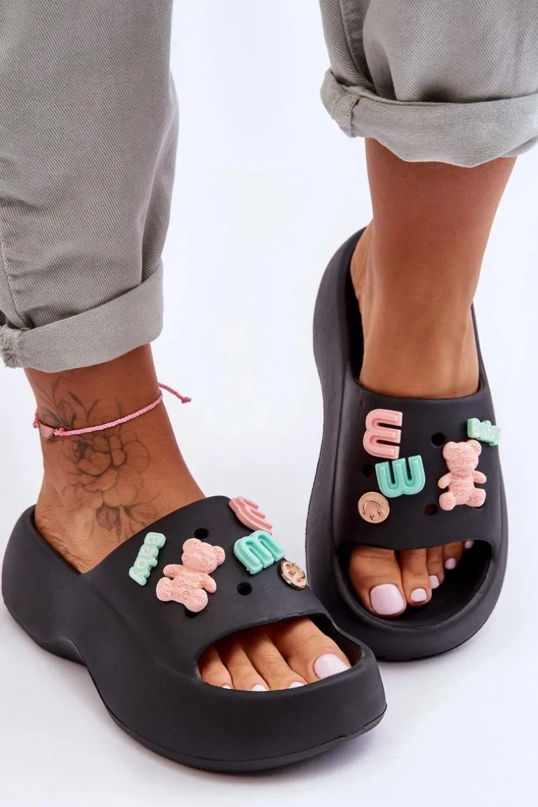 Miękkie Damskie Piankowe Klapki Z Ozdobami Czarne Lorie