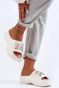 Miękkie Damskie Piankowe Klapki Z Ozdobami Białe Lorie