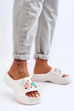 Miękkie Damskie Piankowe Klapki Z Ozdobami Białe Lorie