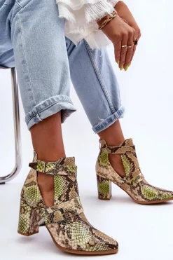 Modne Botki Na Słupku Z Wycięciami Beżowo-Zielone Suelo