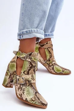Modne Botki Na Słupku Z Wycięciami Beżowo-Zielone Suelo