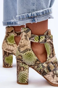 Modne Botki Na Słupku Z Wycięciami Beżowo-Zielone Suelo