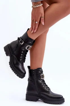 Modne Botki Workery Z Ozdobą Czarne Ollia