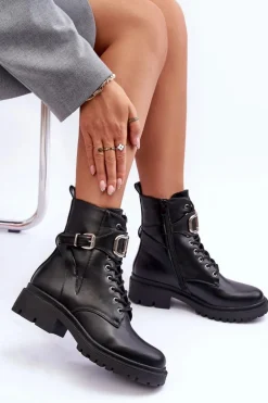 Modne Botki Workery Z Ozdobą Czarne Ollia