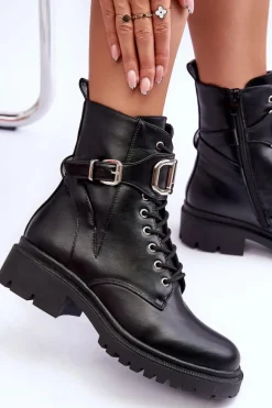 Modne Botki Workery Z Ozdobą Czarne Ollia