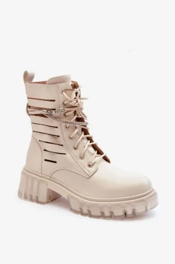 Modne Botki Workery Z Ozdobnym Paseczkiem Beżowe Rocky