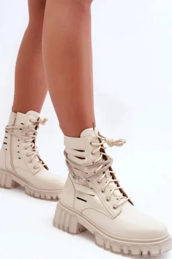 Modne Botki Workery Z Ozdobnym Paseczkiem Beżowe Rocky