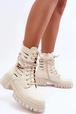 Modne Botki Workery Z Ozdobnym Paseczkiem Beżowe Rocky