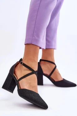 Modne Błyszczące Czółenka Na Słupku Czarne Galaxy