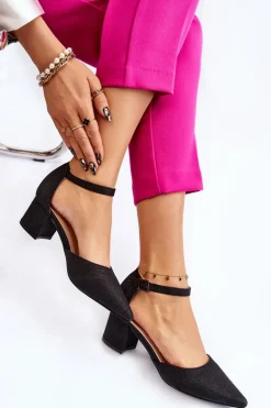 Modne Błyszczące Czółenka Na Niskim Obcasie Czarne Leilany