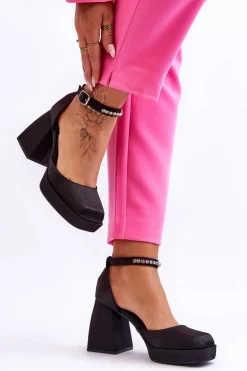 Modne Czółenka Na Masywnym Obcasie Z Cyrkoniami Czarne Adel