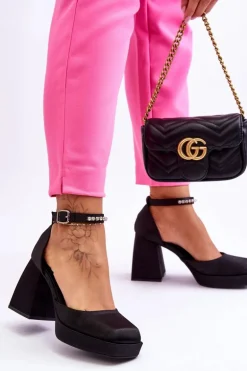 Modne Czółenka Na Masywnym Obcasie Z Cyrkoniami Czarne Adel