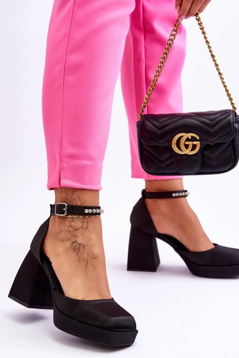 Modne Czółenka Na Masywnym Obcasie Z Cyrkoniami Czarne Adel