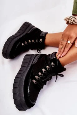 Modne Damskie Botki Na Platformie Czarne Magnific