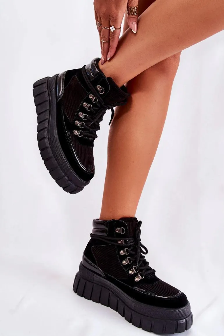 Modne Damskie Botki Na Platformie Czarne Magnific