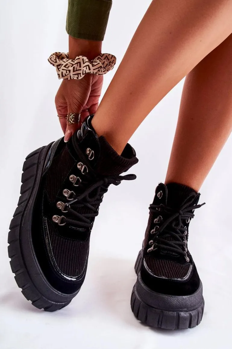 Modne Damskie Botki Na Platformie Czarne Magnific