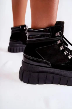 Modne Damskie Botki Na Platformie Czarne Magnific