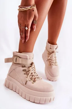 Modne Damskie Botki Na Platformie Z Paskiem Jasnobeżowe La Blanca