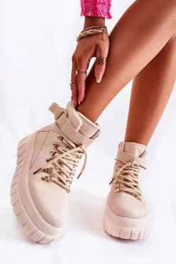 Modne Damskie Botki Na Platformie Z Paskiem Jasnobeżowe La Blanca