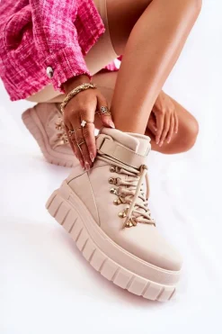 Modne Damskie Botki Na Platformie Z Paskiem Jasnobeżowe La Blanca