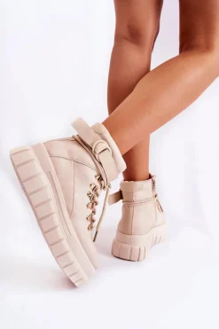 Modne Damskie Botki Na Platformie Z Paskiem Jasnobeżowe La Blanca