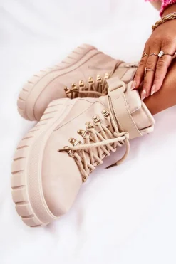 Modne Damskie Botki Na Platformie Z Paskiem Jasnobeżowe La Blanca