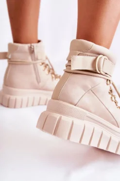 Modne Damskie Botki Na Platformie Z Paskiem Jasnobeżowe La Blanca