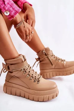 Modne Damskie Botki Na Platformie Z Paskiem Beżowe La Blanca